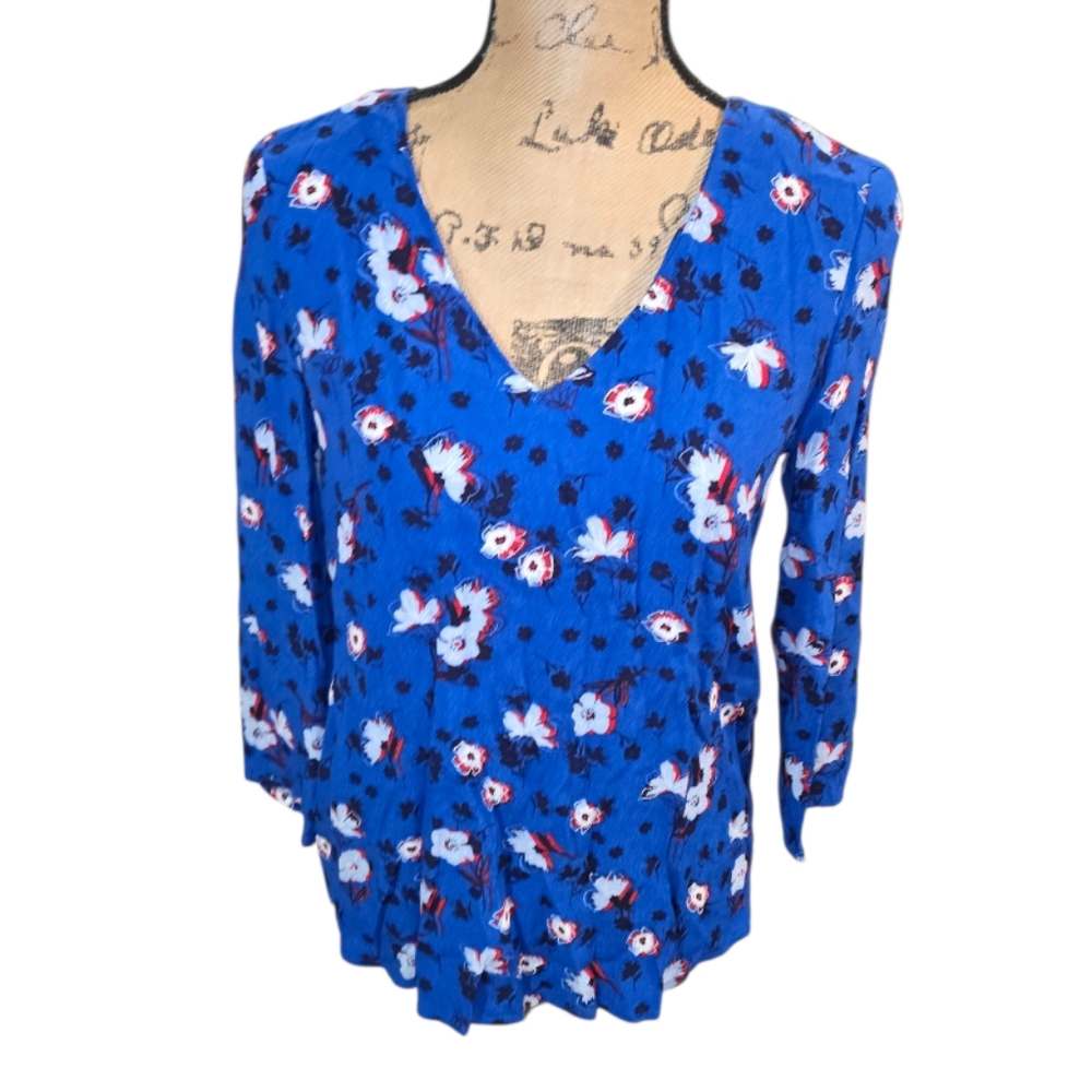 Draper‎ James Floral V-Neck Blouse Tie Back 3/4 Sleeve Casual Top Size 2